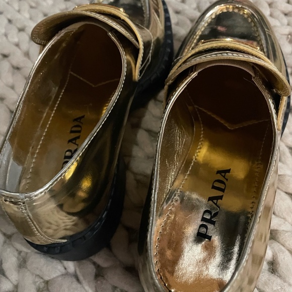 PRADA Triangular Logo Metallic Gold Leather Chocolate Loafers size 39 - Picture 16 of 16